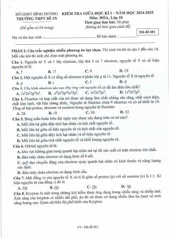 Đề thi Giữa kì 1 Hóa học 10 năm 2024-2025 trường THPT Dĩ An (Bình Dương)